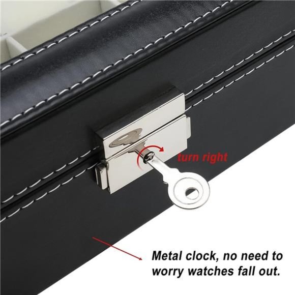 24 Slot Black Leather Watch Box ,Metal Buckle Watch Storage w/ Removable Pillow - Picture 4 of 6